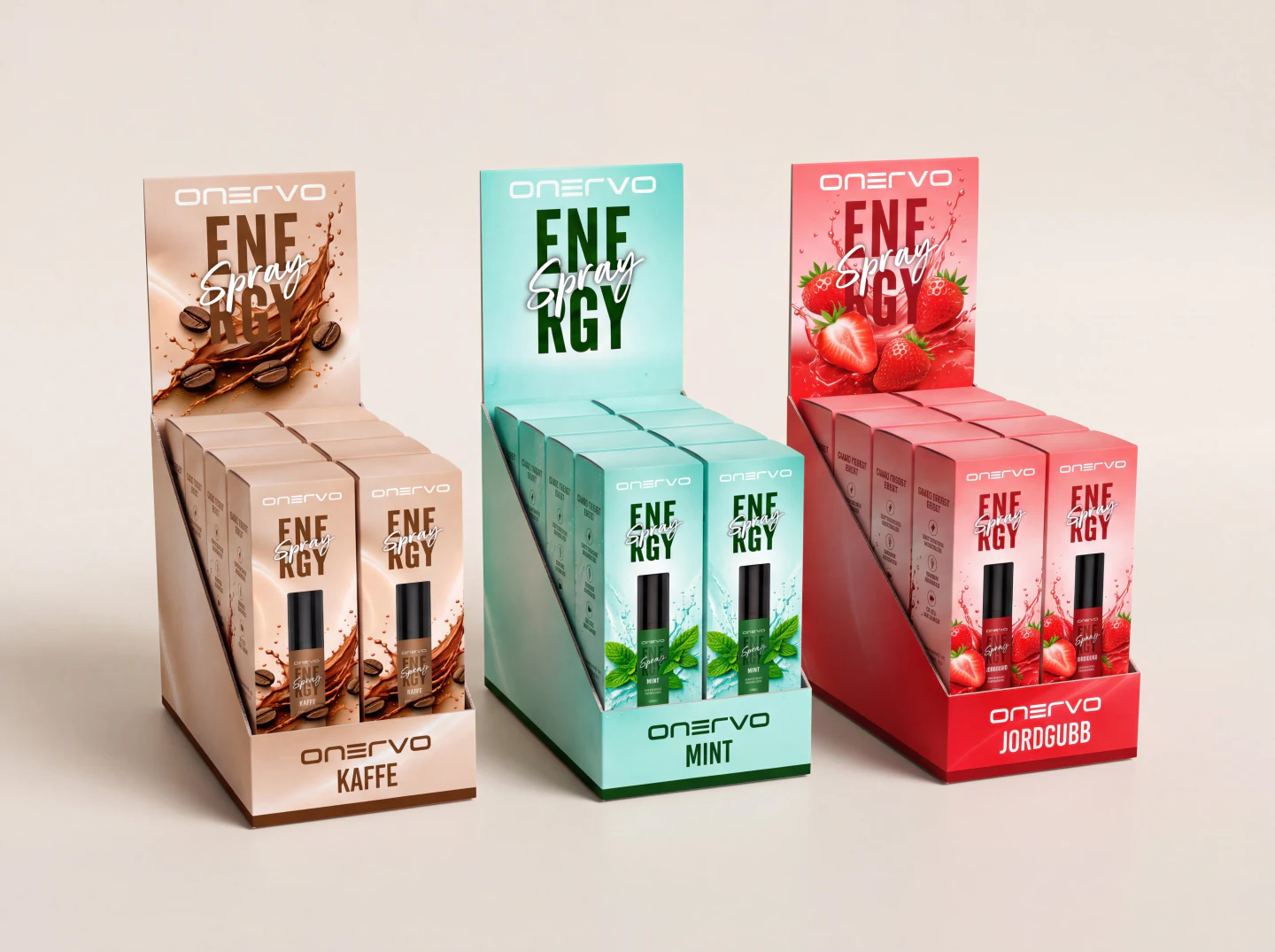 Trzy stojaki Onervo Energy Spray Kawa, Mięta i Truskawka wypełnione pojedynczymi opakowaniami.