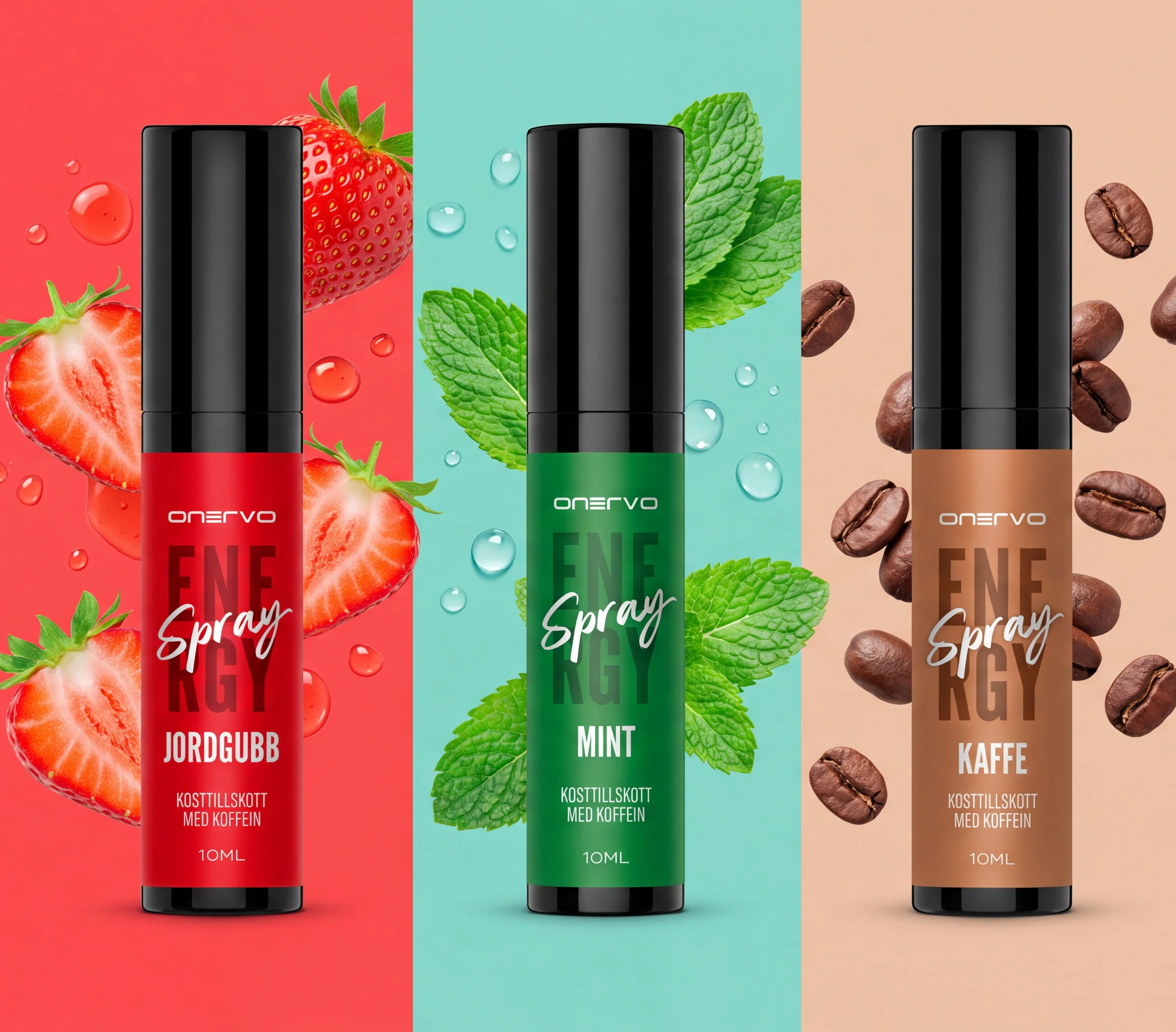 Onervo Energy Spray Truskawka, Mięta i Kawa wśród truskawek, liści mięty i ziaren kawy
