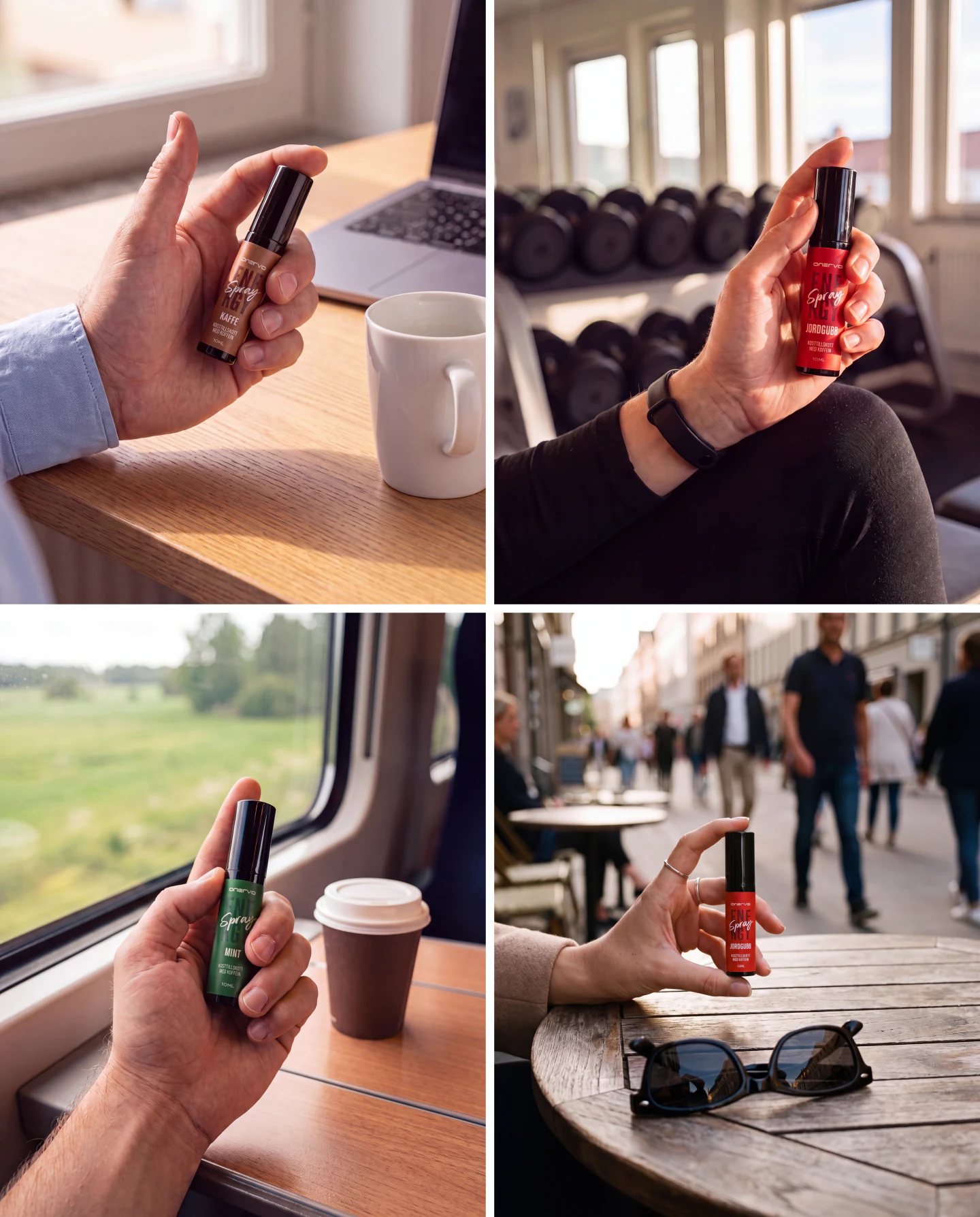 Onervo Energy Spray w dłoni w pracy, na treningu, w podróży i na co dzień: Kawa na biurku obok kubka, Truskawka na siłowni przed hantlami, Mięta przy oknie pociągu obok kawy oraz Truskawka na stoliku w kawiarni obok okularów przeciwsłonecznych.