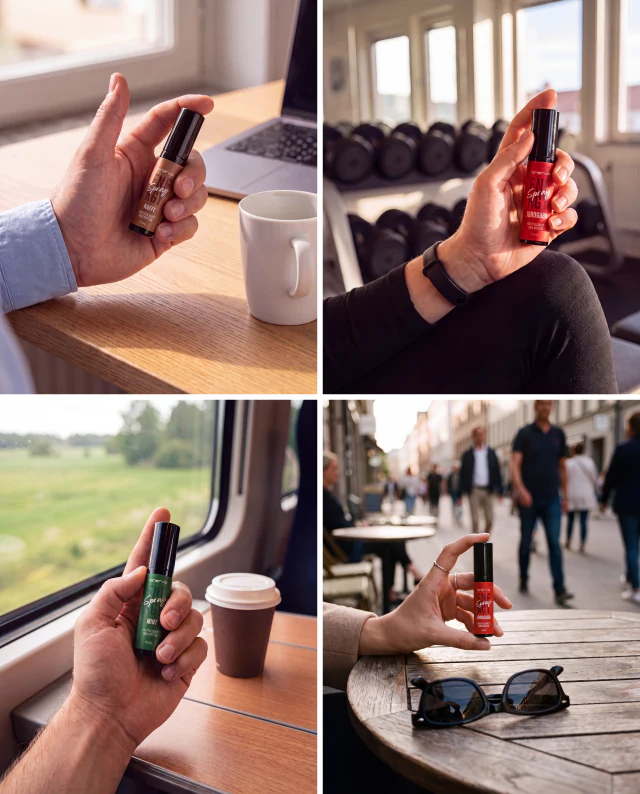 Onervo Energy Spray w dłoni w pracy, na treningu, w podróży i na co dzień: Kawa na biurku obok kubka, Truskawka na siłowni przed hantlami, Mięta przy oknie pociągu obok kawy oraz Truskawka na stoliku w kawiarni obok okularów przeciwsłonecznych.