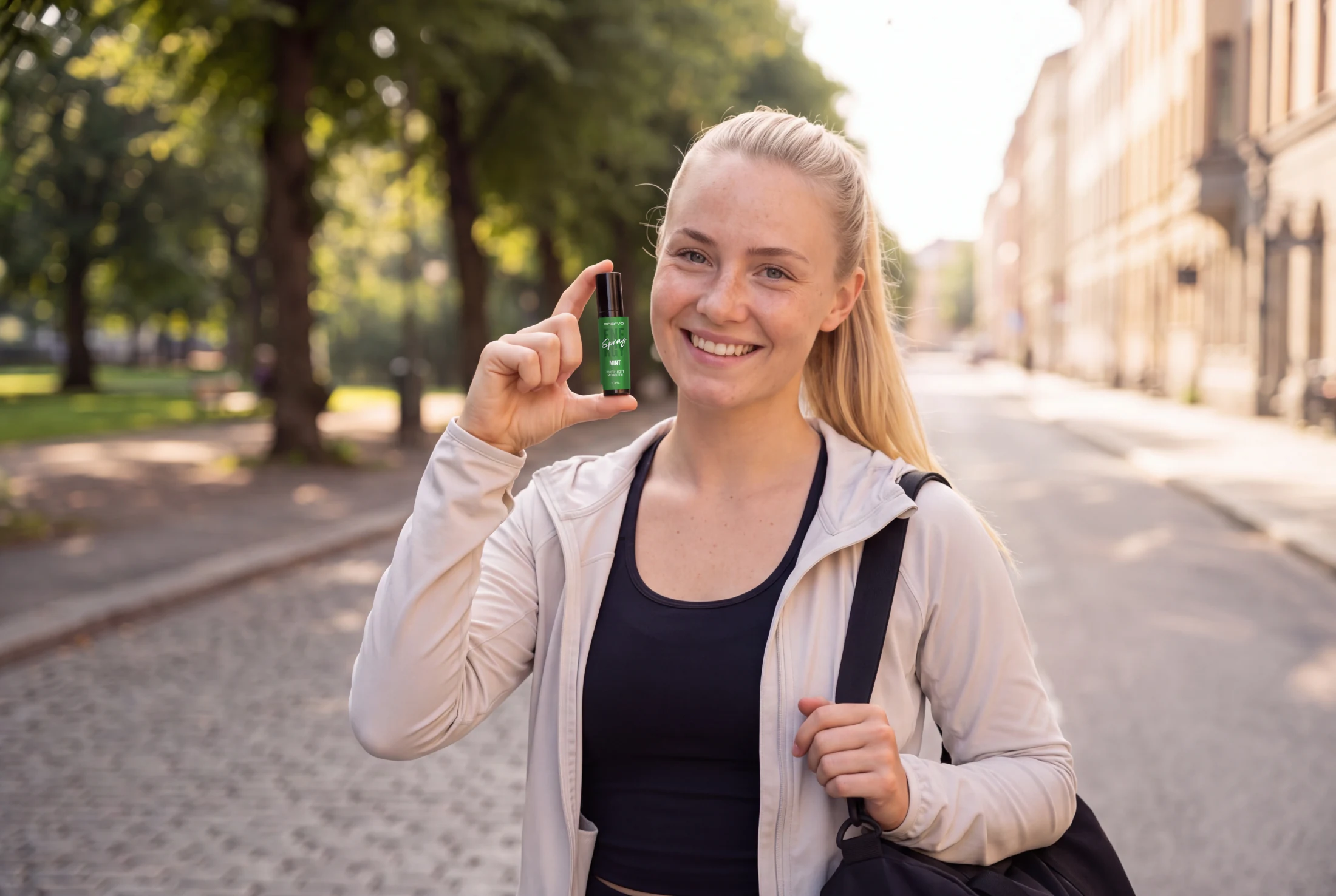 Kobieta w stroju treningowym w drodze na siłownię pokazuje do aparatu Onervo Energy Spray Mięta.